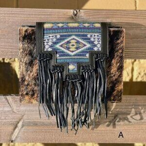 Cowhide Concealed Carry Fringe Shoulder Bag with Aztec Print Flap